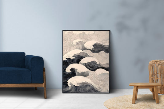 Japanese Wave Wall Art – Minimalist Ocean Print in Zen Line Art Style