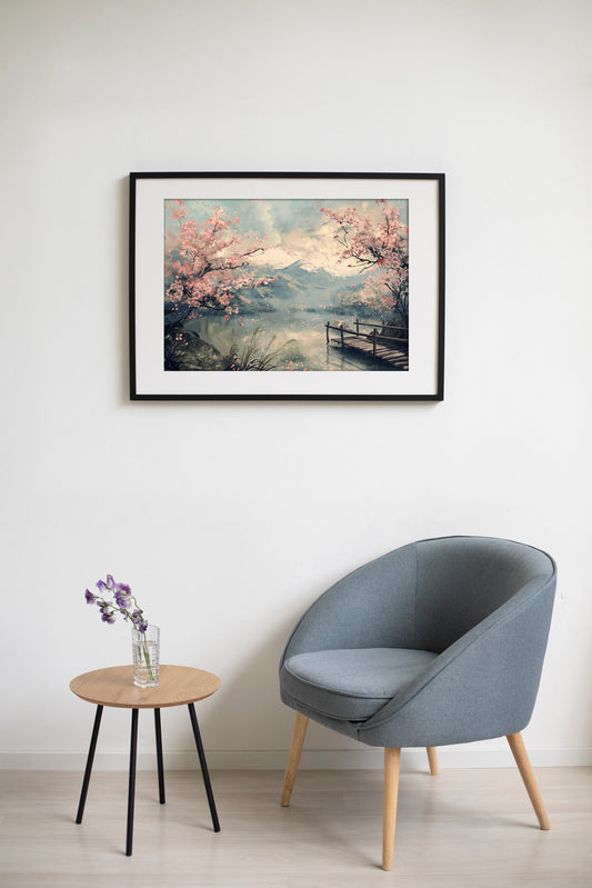 Cherry Blossom Lake – Tranquil Japanese Landscape Digital Art Poster