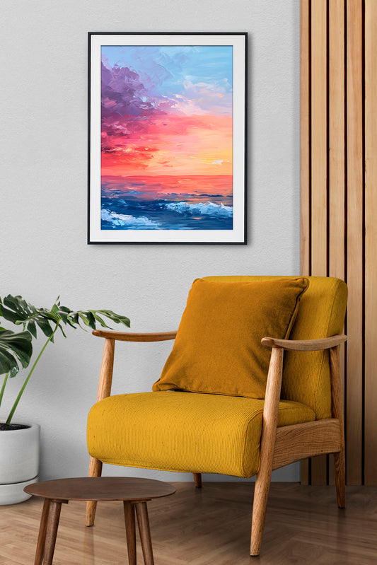 Sunset Symphony Over Ocean Waves – Digital Art Poster | Vibrant Seascape Wall Décor