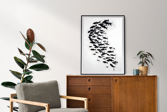 Black and White Fish School Wall Art – Minimalist Ocean Life Silhouette Print