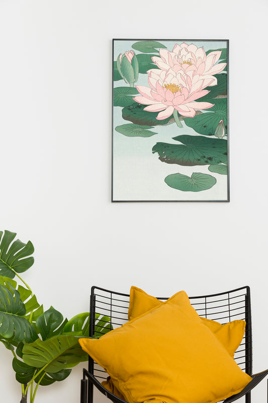 Japanese Lotus Flower Digital Art Poster | Tranquil Water Lily Wall Print
