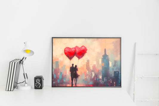 Romantic Cityscape Digital Art Poster – Couple with Heart Balloons | Love Wall Decor