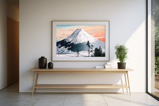 Mount Fuji at Sunrise Japanese Woodblock Digital Art Poster | Traditional Landscape Print