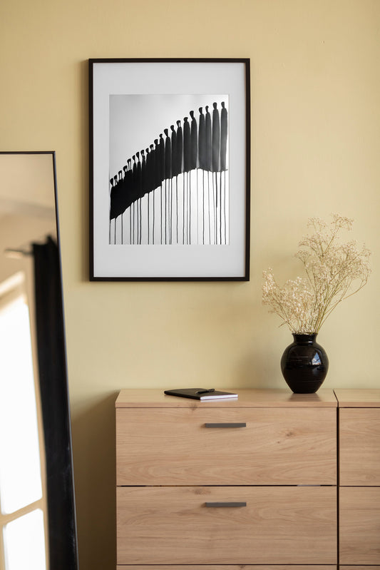 Monochrome Abstract Crowd Art – Dripping Silhouette Digital Poster