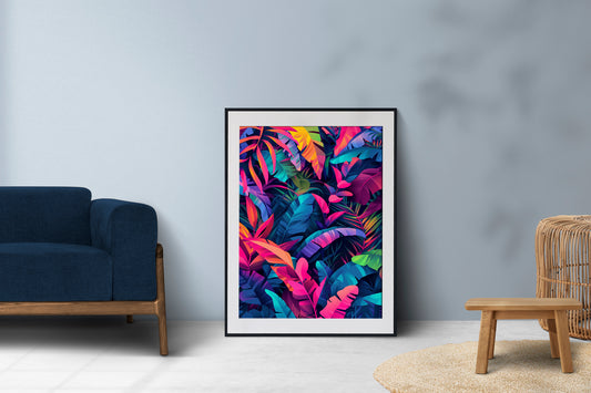 Vibrant Tropical Jungle Leaves Poster | Neon Botanical Digital Art | Colourful Wall Décor Download