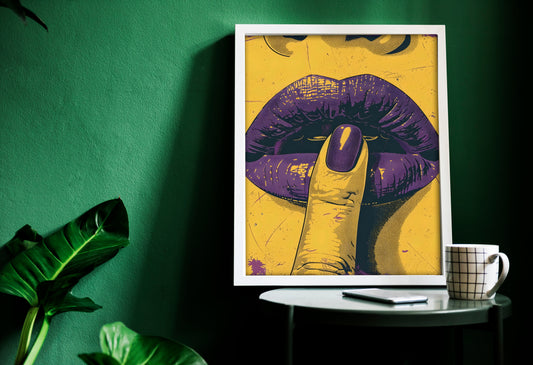Bold Pop Art Lips – Purple and Yellow Finger-on-Lips Illustration
