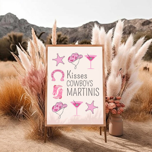 “Kisses Cowboys Martinis” Wall Art – Fun Pink Western Bachelorette Printable