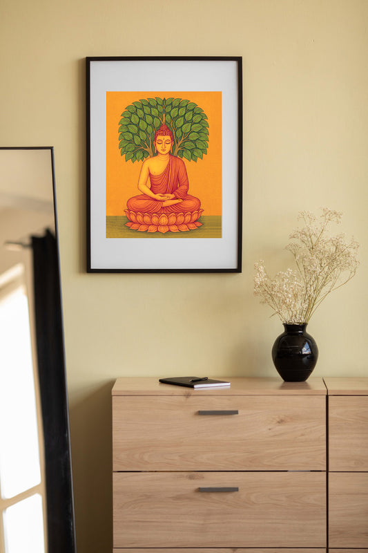 Buddha Meditation Digital Art – Bodhi Tree & Lotus | Spiritual Wall Decor