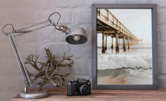 Coastal Wooden Pier with Ocean Waves – Serene Beach Photography Digital Poster