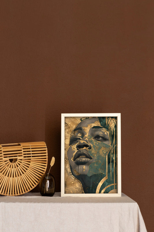 Afrofuturism Gold Digital Art Poster – Abstract Woman Portrait with Textured Collage Effect