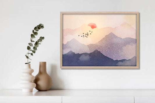 Watercolor Mountain Landscape with Birds – Sunset Digital Wall Art Download