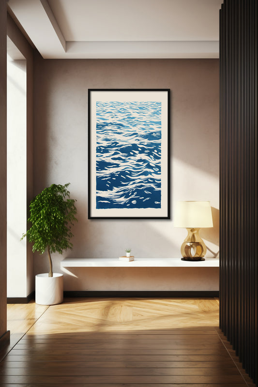 Minimal Ocean Wave Print - Blue Water Digital Art Poster for Coastal & Beach Decor