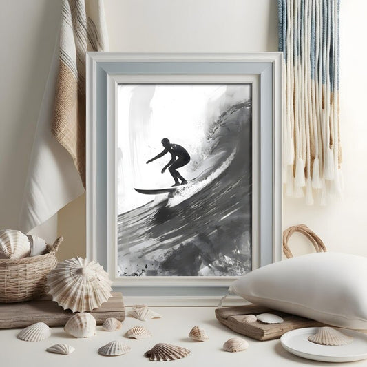 Black and White Surfer Wave Digital Art Poster | Modern Surf Wall Print