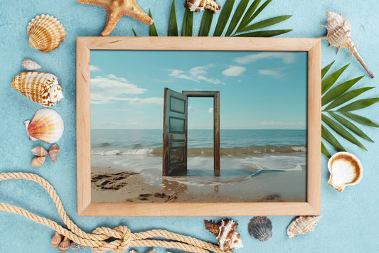 Surreal Door on the Shore – Dreamlike Ocean Digital Art Poster