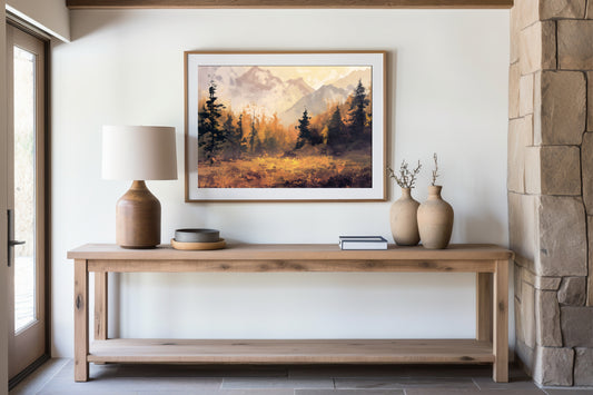 Golden Autumn Forest Landscape – Serene Mountain View Digital Art Poster