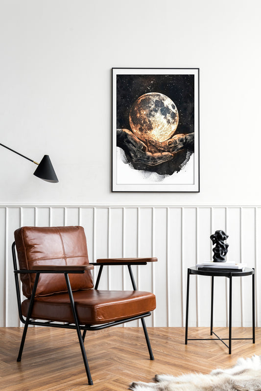 Celestial Moon in Hands Abstract Digital Art Poster | Mystical Wall Art