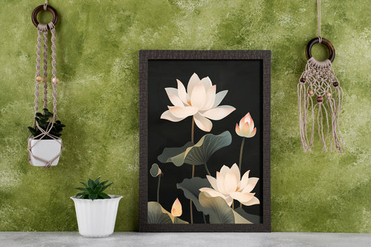 Elegant Lotus Flower Digital Art – Minimal Botanical Wall Print | Dark Floral Poster