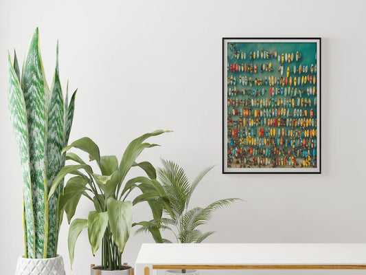 Colorful Surfboards in Turquoise Ocean – Vibrant Beach Aerial Digital Art Print