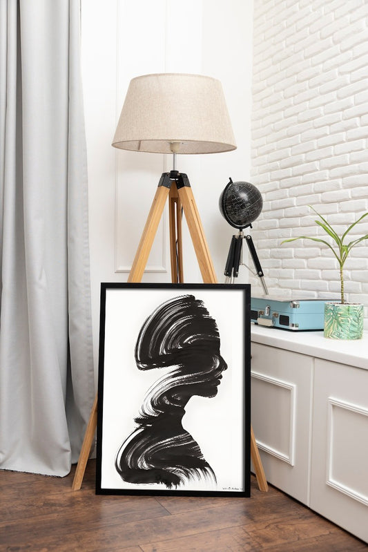 Minimalist Black Ink Woman Silhouette Art Print – Abstract Brush Stroke Profile Wall Decor