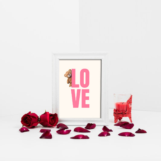Cute Teddy Bear "LOVE" Poster – Playful Pink Typography Art