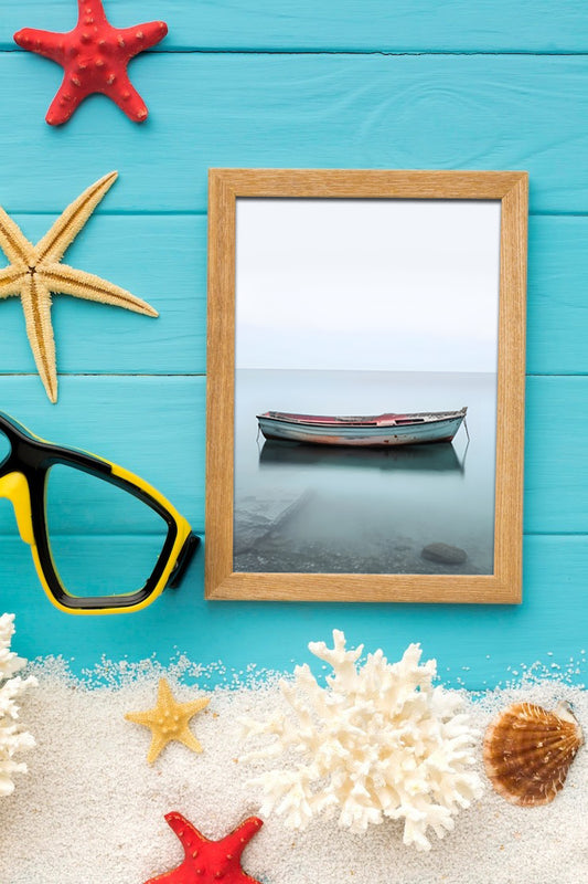 Lonely Boat on Calm Sea Digital Art Poster | Minimalist Coastal Wall Print