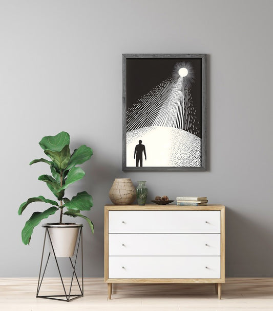 Surreal Cosmic Lightbeam Wall Art | Minimalist Human & Sun Silhouette Print | Digital Download