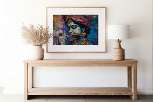 Lord Krishna Digital Art – Abstract Hindu Wall Decor | Flute Playing Krishna Poster