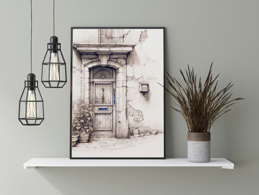 Vintage European Doorway Sketch | Rustic Architectural Wall Art