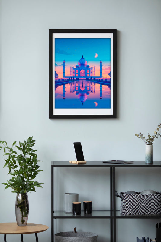 Taj Mahal Digital Art Poster – Dreamy Sunset Night Sky Printable Wall Art