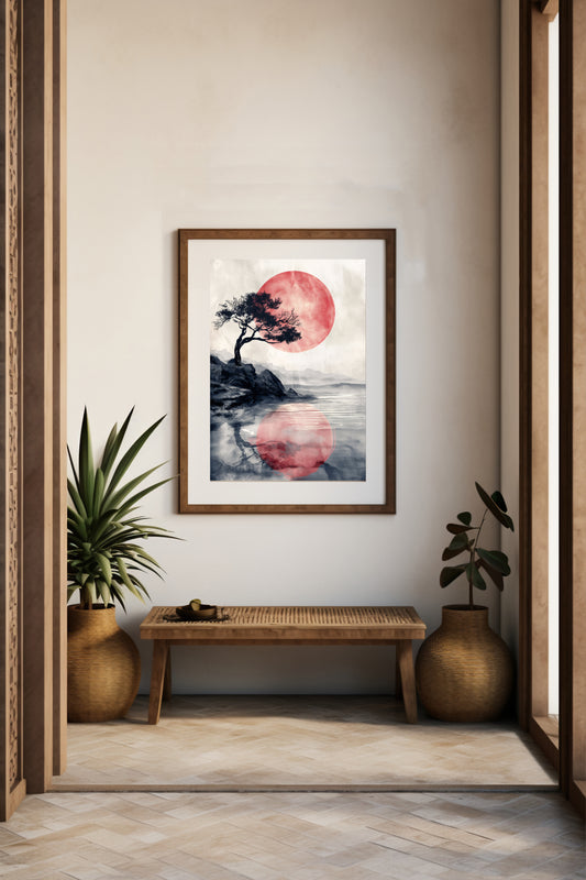 Red Sun & Serene Reflection Digital Art Poster | Minimalist Japanese-Inspired Wall Decor