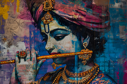 Lord Krishna Digital Art – Abstract Hindu Wall Decor | Flute Playing Krishna Poster