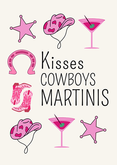 “Kisses Cowboys Martinis” Wall Art – Fun Pink Western Bachelorette Printable