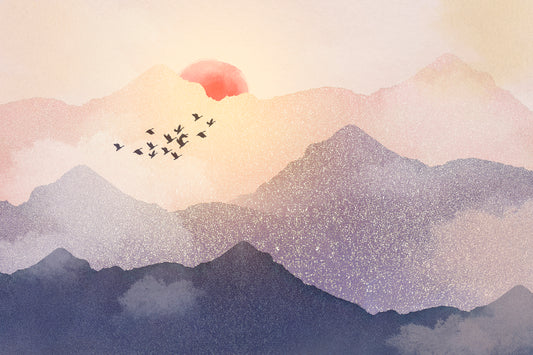 Watercolor Mountain Landscape with Birds – Sunset Digital Wall Art Download