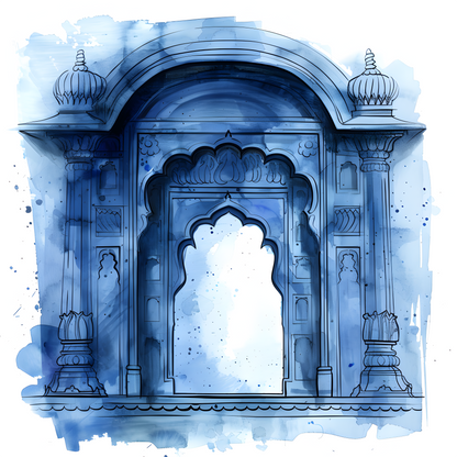 Blue Rajasthani Arch Digital Watercolour Art | Indian Heritage Wall Poster