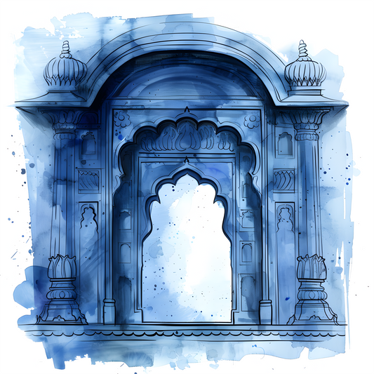 Blue Rajasthani Arch Digital Watercolour Art | Indian Heritage Wall Poster