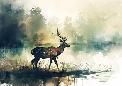 Deer Near River Watercolor Poster – Elegant Nature Wall Art for Home & Office Decor