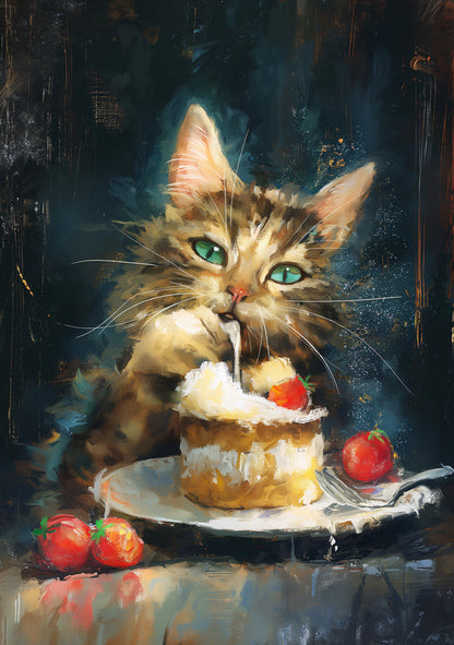 Adorable Cat Eating Cake Poster – Cute & Whimsical Wall Art for Cat Lovers