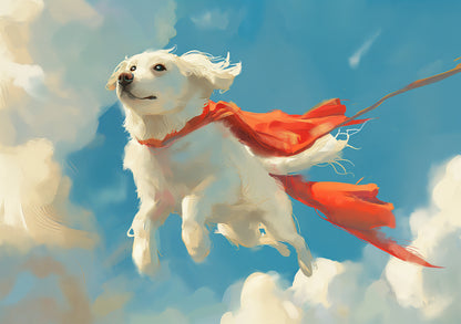 Cute Dog with Cape Flying High Watercolour Poster – Fun & Whimsical Superhero Dog Wall Art