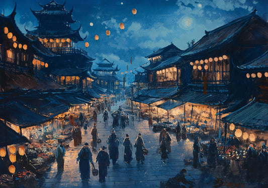Ancient Night Market - Digital Art Print | Lantern-Lit Asian Street Scene