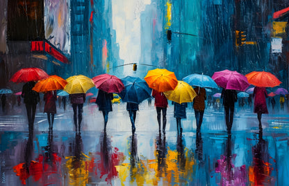 Colorful Umbrellas in Rainy City Street - Abstract Urban Digital Art Poster