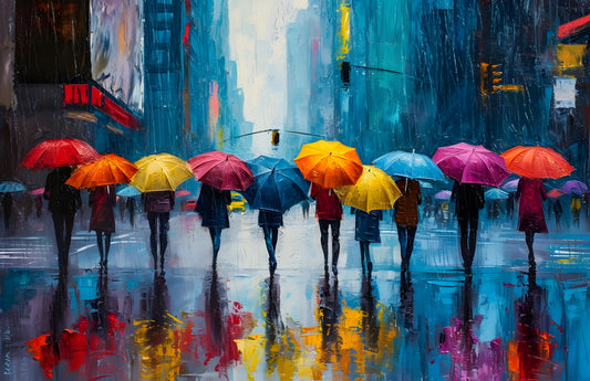 Colorful Umbrellas in Rainy City Street - Abstract Urban Digital Art Poster
