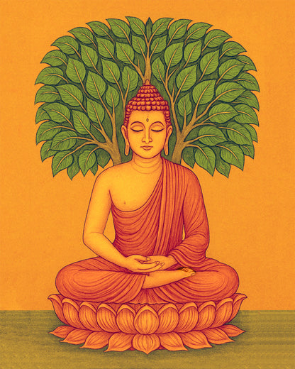 Buddha Meditation Digital Art – Bodhi Tree & Lotus | Spiritual Wall Decor