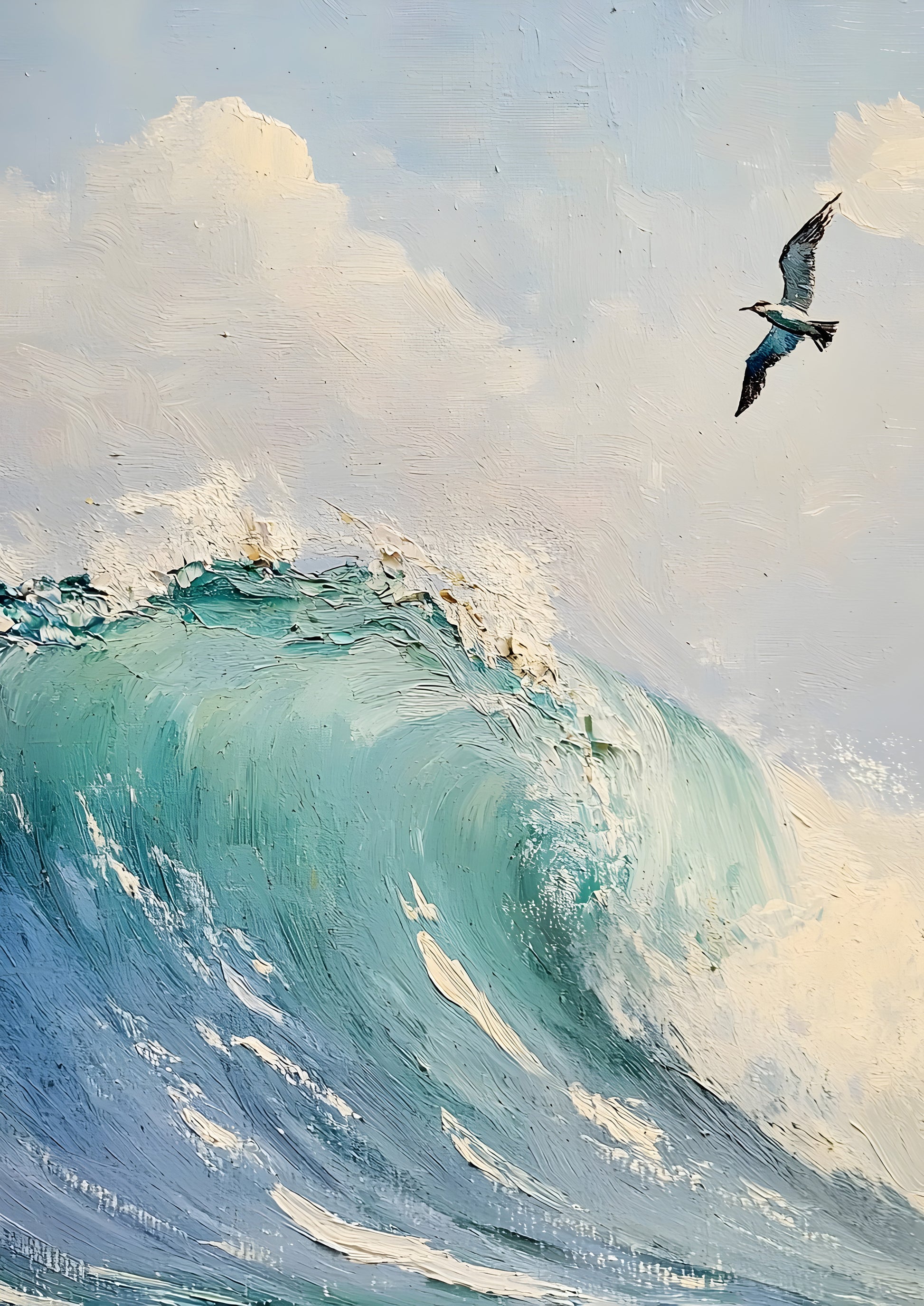 Crashing Ocean Wave with Seagull – Realistic Coastal Digital Art Poster, Seascape Printable Wall Decor