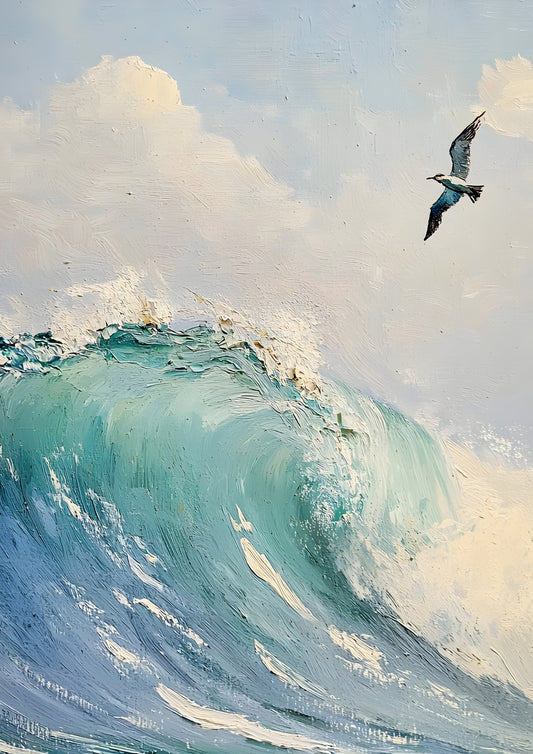 Crashing Ocean Wave with Seagull – Realistic Coastal Digital Art Poster, Seascape Printable Wall Decor