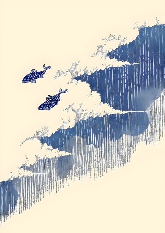 Koi in the Clouds Digital Art Print – Japanese Minimalist Fish & Wave Poster | Instant Download Wall Decor