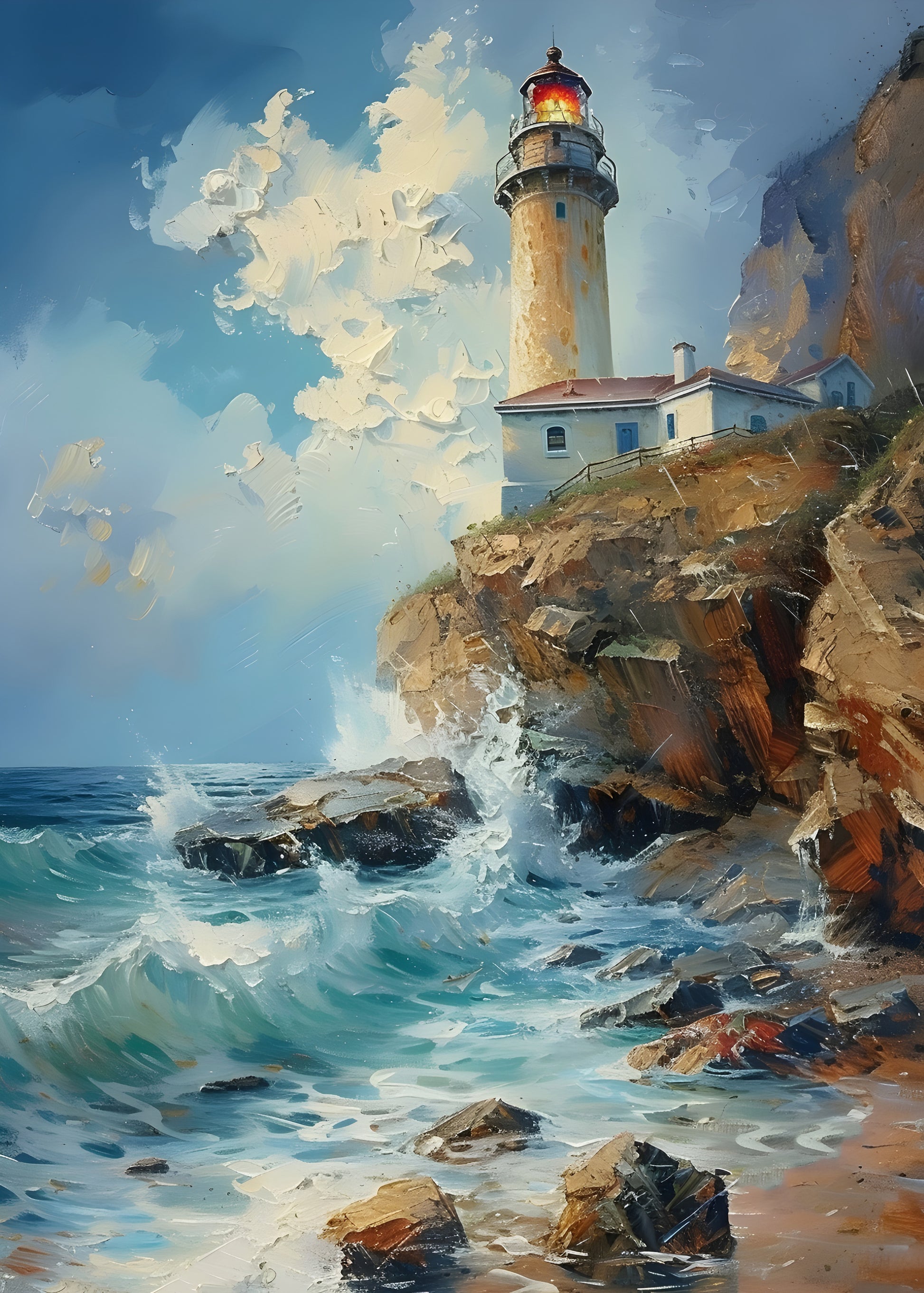 Lighthouse by the Sea Digital Art Poster | Coastal Ocean Wave Printable Painting