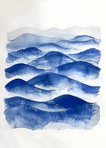 Blue Ocean Waves Watercolor Digital Art Poster – Abstract Seascape Printable Wall Decor