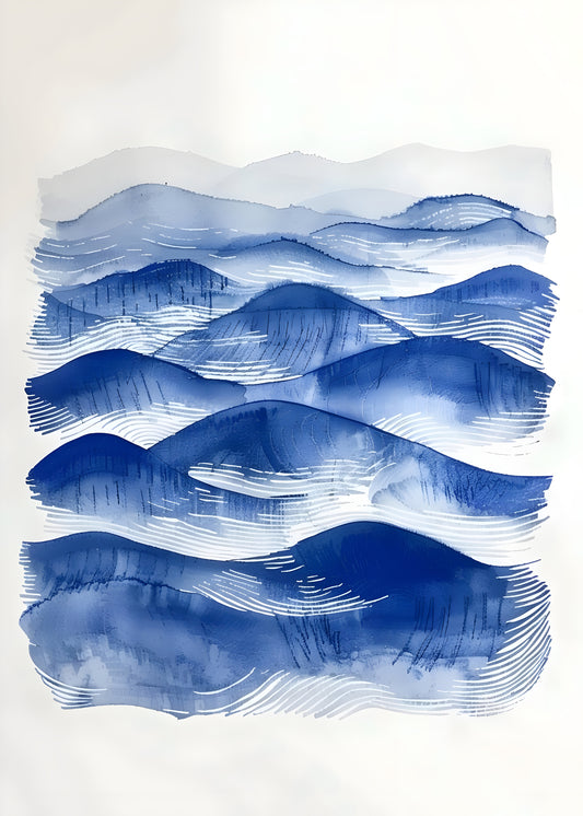 Blue Ocean Waves Watercolor Digital Art Poster – Abstract Seascape Printable Wall Decor