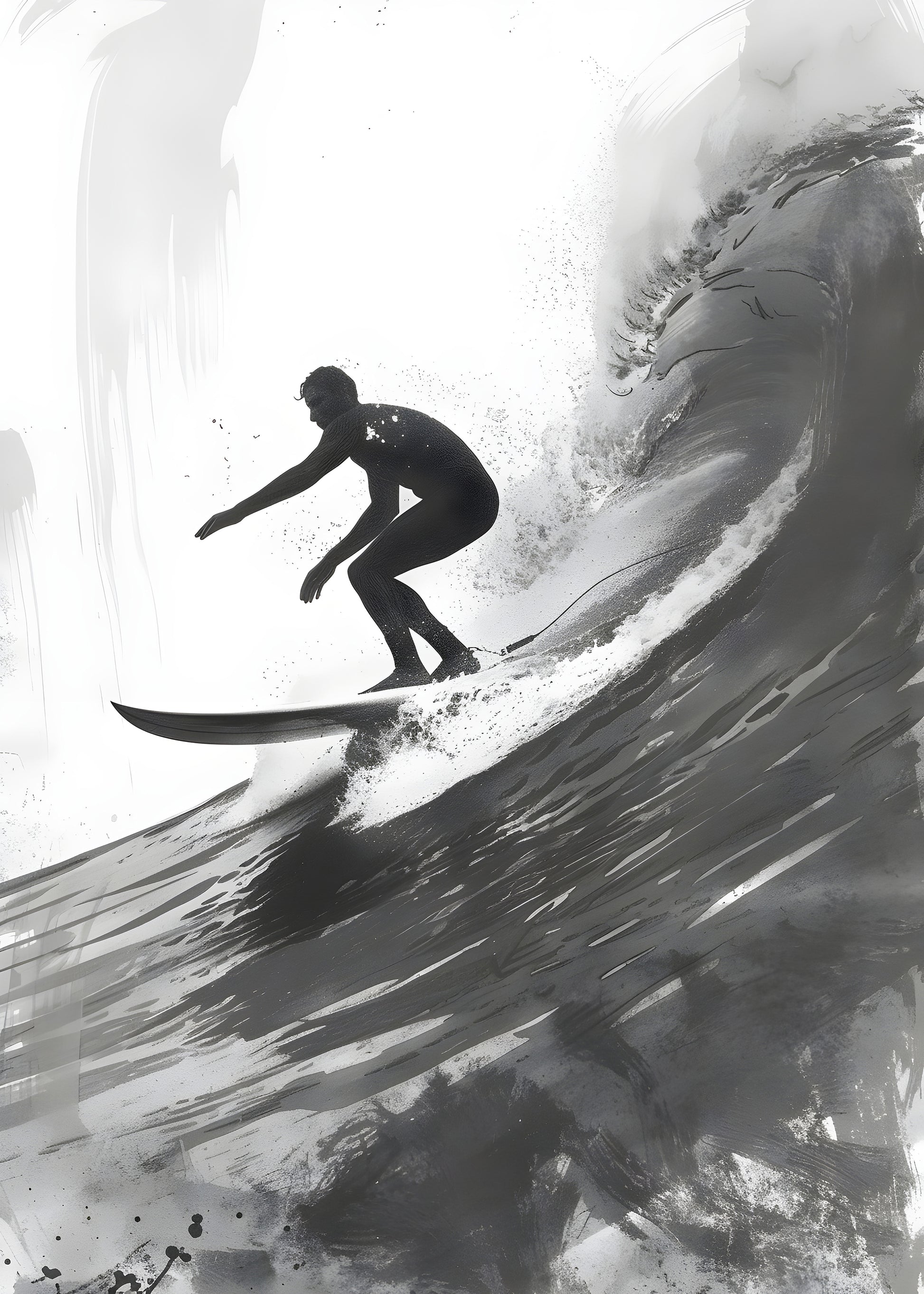 Black and White Surfer Wave Digital Art Poster | Modern Surf Wall Print
