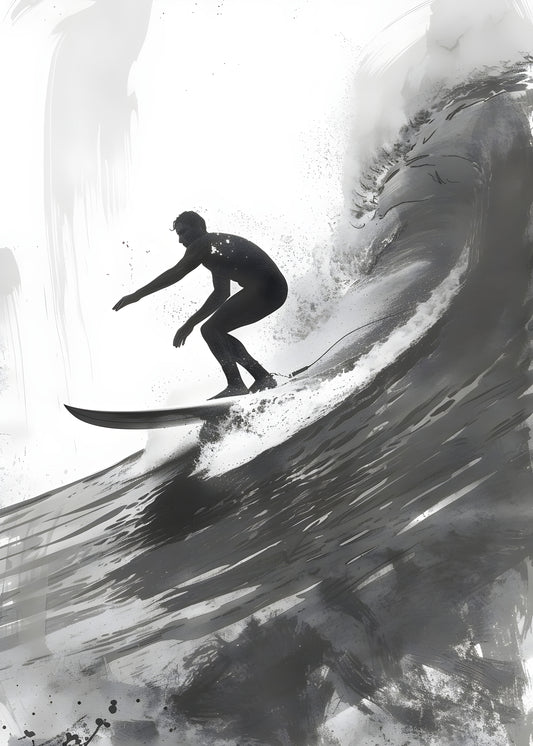 Black and White Surfer Wave Digital Art Poster | Modern Surf Wall Print
